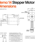 YEJMKJ Nema 14 stepper motor technical diagram: front and side views with dimensions, shaft details, and wiring diagram
