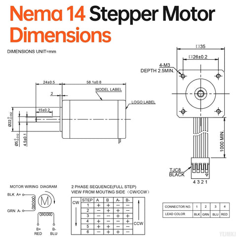 YEJMKJ Nema 14 stepper motor technical diagram: front and side views with dimensions, shaft details, and wiring diagram