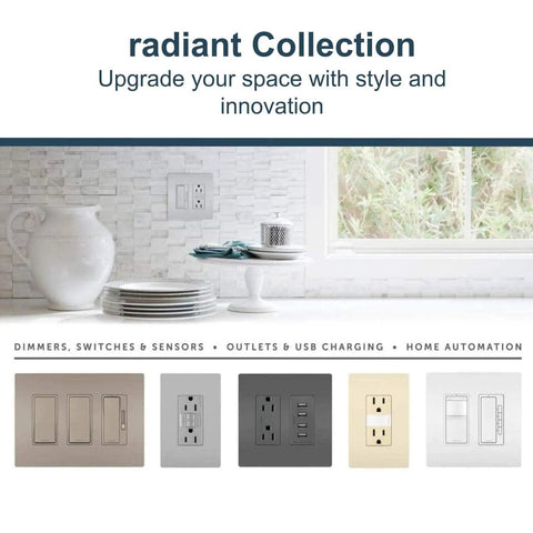 Radiant 15 Amp GFCI Self Test Decorator Duplex Outlet With Trip Indicator Gray 1597GRYCCD12 in modern kitchen setting.