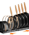 Zero Hassle Expandable Pot And Pan Lid Organizer Rack For Kitchen Cabinets With Ten Snap Tight Dividers To Store Skillets Cutting Boards And Heavy Cookware Clean showcasing pans in black with gold handles.