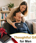 Woman gifting Slim Genuine Leather Wallet For Men With RFID Blocking, Minimalist Front Pocket Design, to man on couch