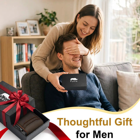 Woman gifting Slim Genuine Leather Wallet For Men With RFID Blocking, Minimalist Front Pocket Design, to man on couch