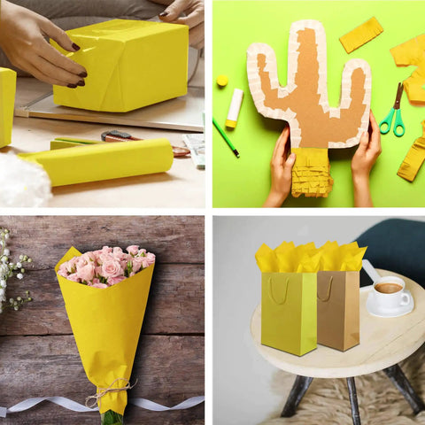 Various uses of Bright Yellow Tissue Paper Sheets 20 By 14 Inches Pack of 100 for crafts, decor, and gifts.