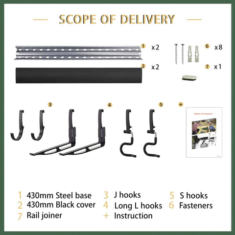 Scope of delivery for Heavy Duty Wall Mounted Tool Rack With Six Aluminum Hooks for Garage, including hooks and screws.