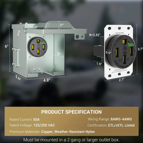 Heavy Duty Nema 14-50 EV Charger Outlet With Waterproof Box Kit 50 Amp showing dimensions and weather-resistant nylon materials.