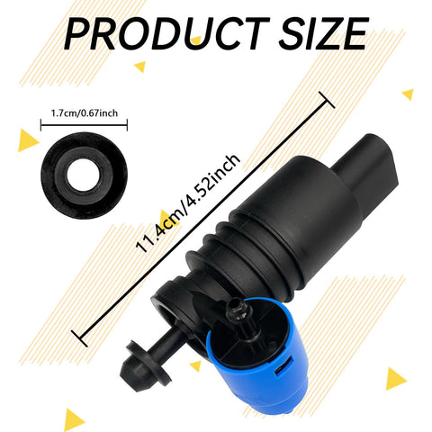 High Pressure Windshield Washer Pump With Grommet And Replacement Spray System For Bmw Ford Jeep Dodge Chrysler Chevy Vw Audi Parts 1J6955651 product size showing dimensions of 4.52 inch pump and 0.67 inch grommet