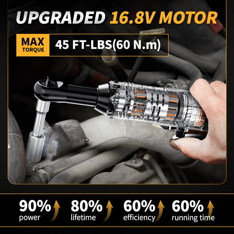 Pro Grade 3/8 Inch Cordless Electric Ratchet Wrench Kit With Variable Speed And 45 Ft Lbs Of Twist Power for automotive repair use.