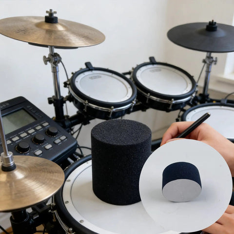25 Pack 36x20mm Sponge Piezo Trigger Cushions for Electronic Drum Pads shown near a drum kit in use