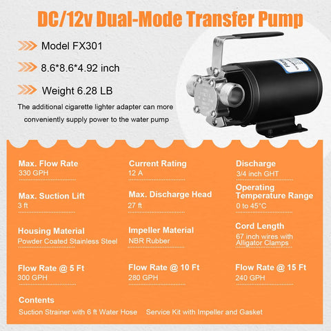 DC/12V water pump with specs for 12V Water Transfer Pump One Tenth HP 330 GPH With Three Quarter Inch Ports Includes Suction Hose Strainer And Spare Impeller Electric Utility Pump For Vehicle Or Battery Power