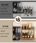 Comparison of cluttered counter and organized Countertop Coffee Station Organizer with Two Tier Wood Shelves in kitchen.