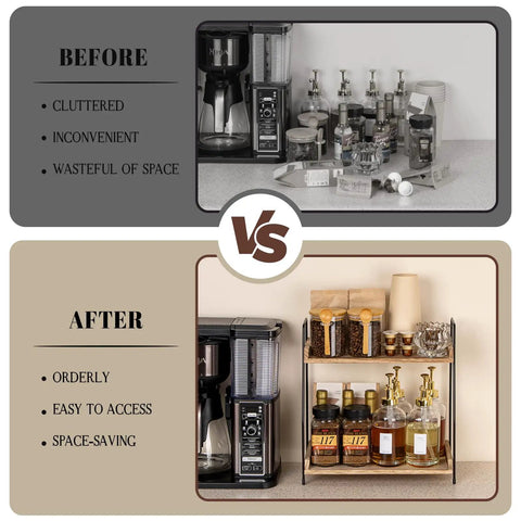Comparison of cluttered counter and organized Countertop Coffee Station Organizer with Two Tier Wood Shelves in kitchen.