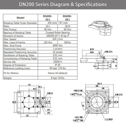 DN200 Series diagram with specifications for Hollow Rotary Actuator And Top Notch Hollow Rotating Platform For Nema 34 Stepper Motors.