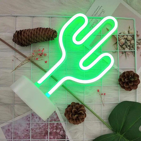Cactus Neon Night Light With Pedestal LED Sign For Kids Room And Bedroom Decor, Battery Or USB Operated Safe, on grid background.