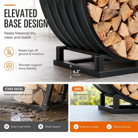Close-up of elevated base design on 32 Inch Firewood Hoop Rack With Rustproof Cover, logs elevated for dryness and stability.