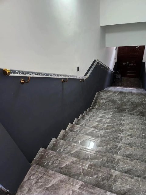 Clear Acrylic Wall Mount Stair Handrail Heavy Duty Steel Brackets Non Slip Coating Custom Length Options For Sure Grip And Hassle Free Wall Mounting Indoors along dark walls.