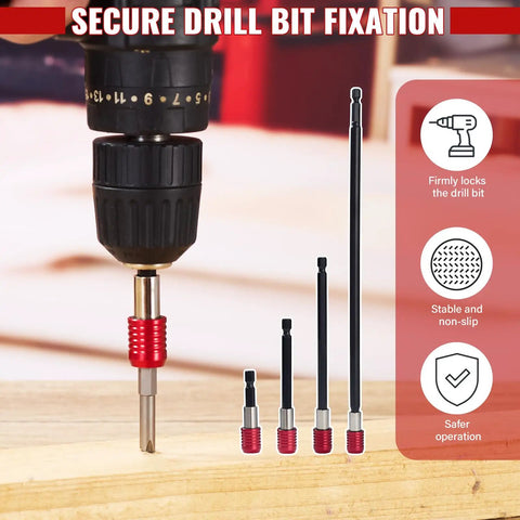 Magnetic Drill Bit Extension Set Four Piece Kit with 2 In, 4 In, 6 In, 12 In lengths and quick release bit holder.