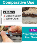 Before and after comparison of chainsaw chain raker adjustment using Three Must Have Depth Gauge Tools With Flat Files Chainsaw Maintenance Kit.