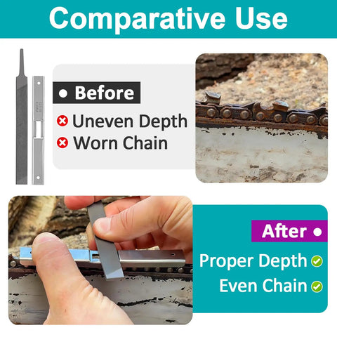 Before and after comparison of chainsaw chain raker adjustment using Three Must Have Depth Gauge Tools With Flat Files Chainsaw Maintenance Kit.