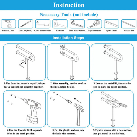 Installation guide for Heavy Duty 304 Stainless Steel Bathroom Handrail Tough As Nails Grab Bar instructions and tools needed.
