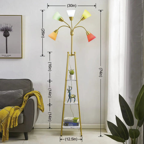 Medusa Multi Head LED Floor Lamp with Shelves in living room, five adjustable goosenecks, colorful shades, sleek gold finish