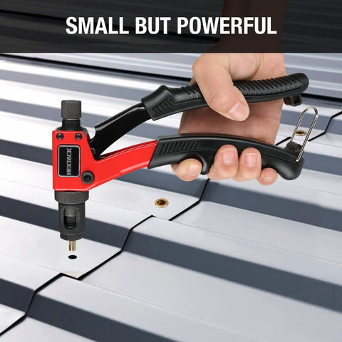 Rivet Nut Tool Kit Right Angle 8 Inch Built For Tight Spaces With Step Drill Bit and 80 Nutsets in use on metal surface