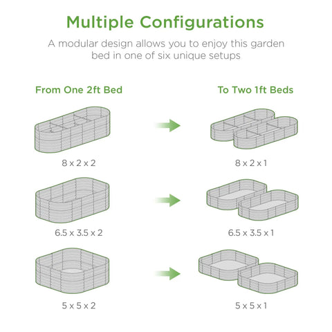 Diagram showing six configurations of 8x2x2ft Oval Outdoor Metal Raised Garden Bed For Vegetables And Herbs Deep Root Planter Holds Up To 215 Gallons With 4 Support Bars And Six Configurations No Bottom Panel.