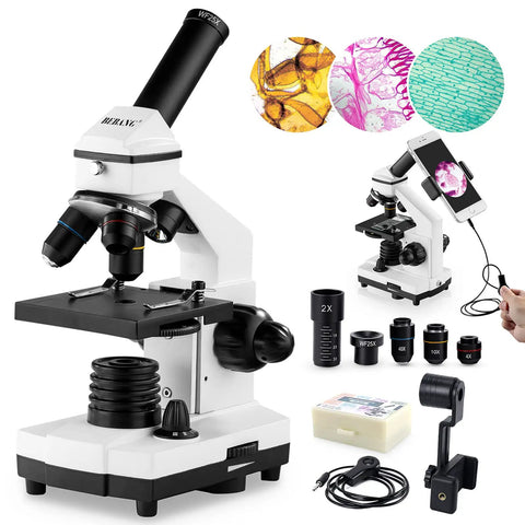 Kid Friendly Microscope Kit For Kids And Adults 100X To 2000X Compound Microscope with 25X Eyepiece, 6 magnification settings.