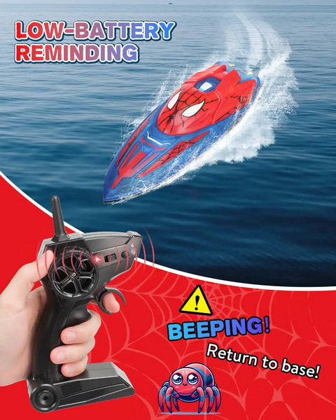Spider Hero RC Boat 2.4GHz Remote Control Boat With LED Lights For Kids on water with remote control, showing low battery alarm.