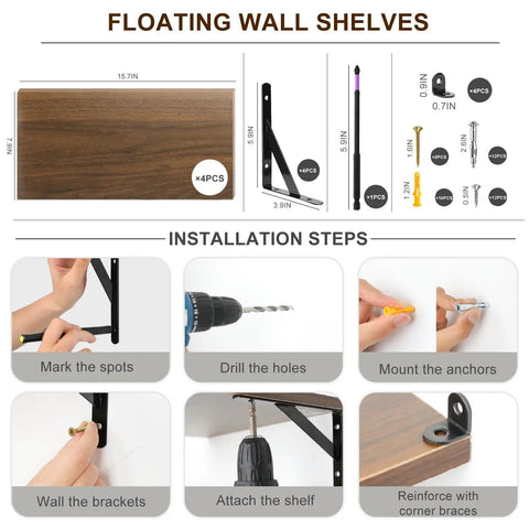 Floating Shelves Wall Mounted Set Of 2 With Heavy Duty Wood Construction Built To Last And Reinforced Anti Sag Brackets Includes 12 Hollow Wall Anchors And Complete Installation Kit For Drywall And Concrete. Walnut shelf kit with brackets and anchors, 15.7 x 7.9 in