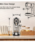 Premium 20 Bar Semi Automatic Coffee Maker With Stainless Steel Frother Wand for compact kitchen design, measuring 20cm wide.