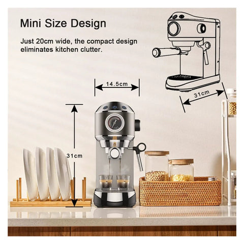 Premium 20 Bar Semi Automatic Coffee Maker With Stainless Steel Frother Wand for compact kitchen design, measuring 20cm wide.