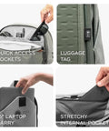 Go To Travel Backpack 45L Expandable From 35L To 45L showing quick access pockets, luggage tag, 16" laptop sleeve, stretchy pockets.