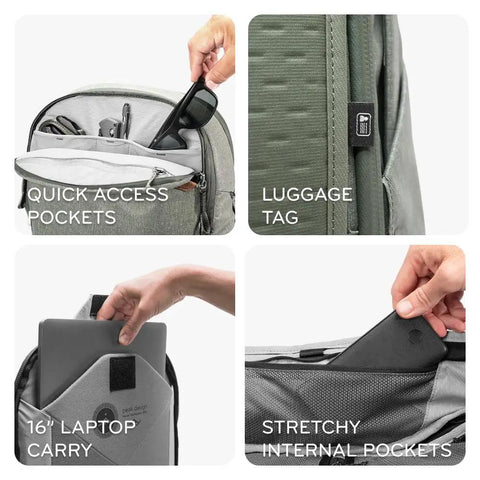 Go To Travel Backpack 45L Expandable From 35L To 45L showing quick access pockets, luggage tag, 16" laptop sleeve, stretchy pockets.