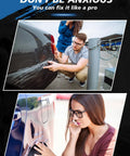 Two people inspecting car scratches, demonstrating Oxford White Touch Up Paint For Ford YZ Z1 M6887, 2 In 1 Scratch Repair Kit usage.