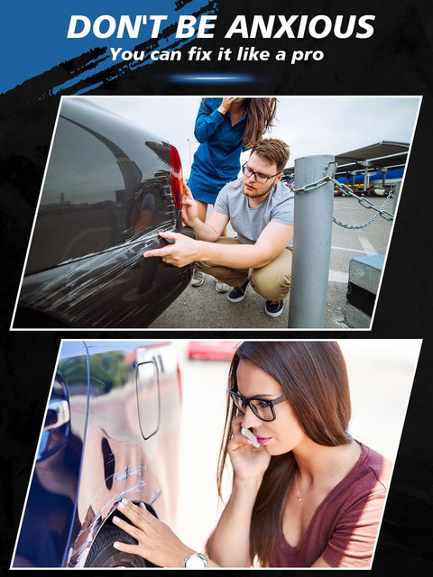 Two people inspecting car scratches, demonstrating Oxford White Touch Up Paint For Ford YZ Z1 M6887, 2 In 1 Scratch Repair Kit usage.