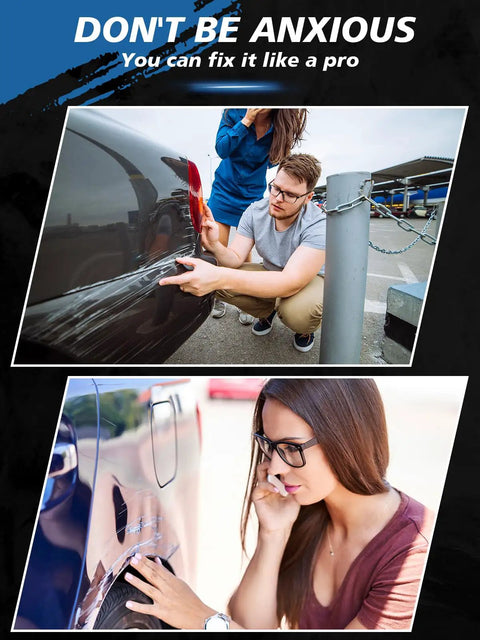 Man and woman inspecting scratch on black car, using Black Car Touch Up Paint Pen 2 In 1 For Scratch Repair And Rust Prevention 0.4 Oz Auto Paint Pen Easy DIY Black Car Chip And Scratch Coverage Long Lasting Finish.