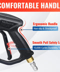 Close-up of YAMATIC pressure washer gun wand with ergonomic handle and swivel, black body, M22 to 1/4 in QC connector