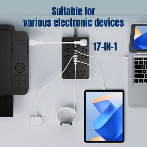 Heavy Duty Flat Plug Surge Protector Power Strip Featuring 11 Wide Spread AC Outlets And 6 Fast Charge USB Ports, powering various devices.