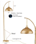Gold industrial floor lamp with arc design, metal shade 13", 68" tall, base 10.23". Dope Industrial Floor Lamp With Gold Finish.