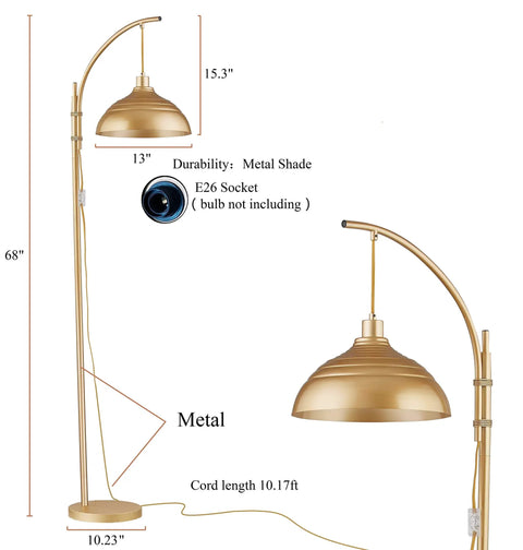 Gold industrial floor lamp with arc design, metal shade 13", 68" tall, base 10.23". Dope Industrial Floor Lamp With Gold Finish.