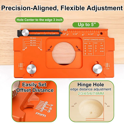 Heavy Duty Metal Concealed Hinge Jig For Cabinet Doors With Integrated 35mm Carbide Drill Bit and Dual Bearing Guide showing precise adjustments and measurements.