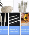 Diamond Grinding Burr Drill Bit Set For Rotary Tools, 11-Piece Pro Grade Polishing Kit With 1/8 Inch Shank in use and close-up view