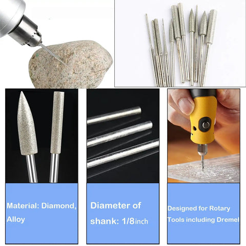 Diamond Grinding Burr Drill Bit Set For Rotary Tools, 11-Piece Pro Grade Polishing Kit With 1/8 Inch Shank in use and close-up view
