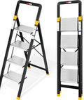 Aluminum 4 Step Folding Ladder For Home And Kitchen Portable Space Saving Step Stool With Wide Anti Slip Steps Lightweight 14 Pounds Folds To 55 By 17 By 1.8 Inches For Easy Storage And Safe Everyday Use, shown open and folded