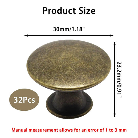 32 Piece Antique Brass Cabinet Knobs Set For Cabinets And Drawers, Round Single Hole, Easy Install, 1.18 Inch Diameter