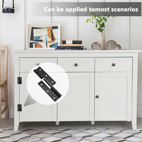 Dead Simple Black Lift Off Cabinet Hinges Left Handed 2.5 Inch Size shown on white cabinet with decorative items.
