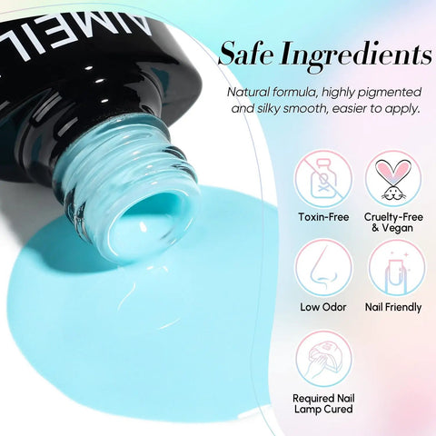 Open bottle of blue gel from Pastel Gel Nail Polish Set 12pcs Vegan Cruelty Free Soak Off UV LED Cure Nail Art Kit