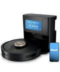 AI Robot Vacuum With XL Self Empty Base Mega Suction For Pet Hair Lidar Navigation Bagless 60 Day Capacity Alexa And WiFi Connected Cleans Carpet And Hard Floors Black shown with self-empty base and app display