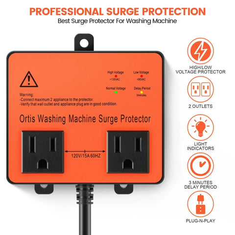 Front view of orange washing machine surge protector with time delay keeps your gear safe from power drama brownouts spikes surges