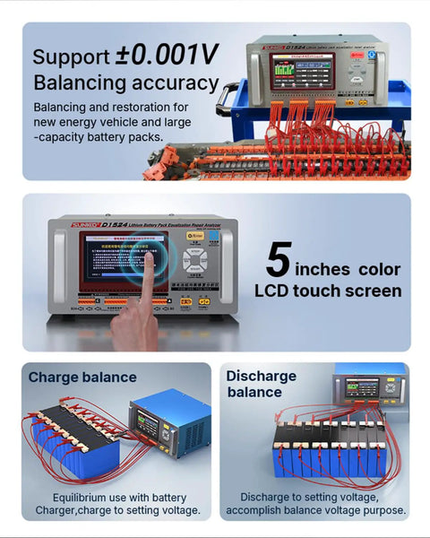 Battery Balancer 15A 24S Passive Equalizer With Pulse Discharge And Charge, showing control panel and wiring setup